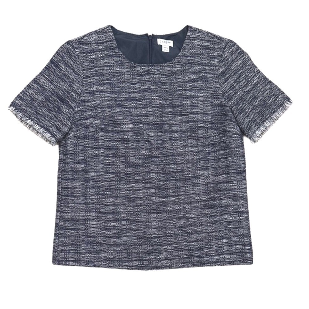 J.Crew Tweed Fringe Trim Short Sleeve Top Navy‎ Blue Women XXS